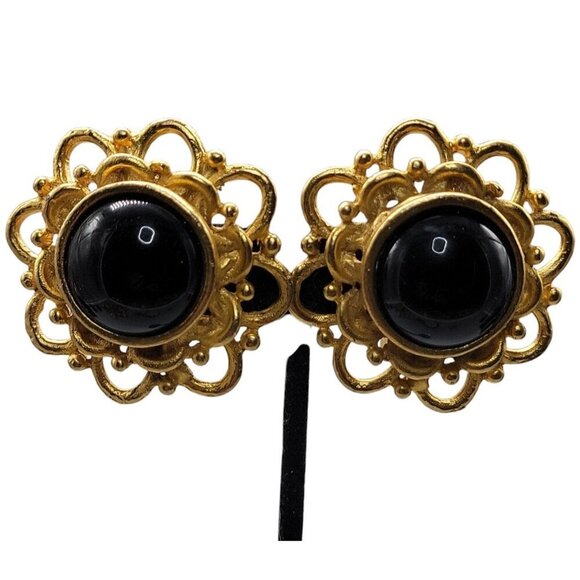 Runway Style Clip-On Earrings Gold Black Stone Center - Picture 1 of 14